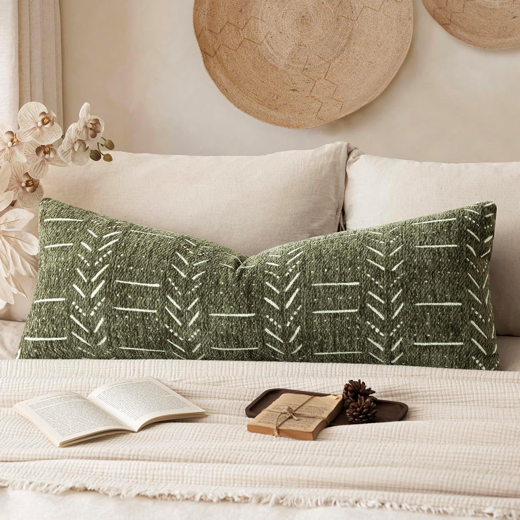 vivrudil Home Décor Decorative Boho Chenille Throw Pillow Covers Textured Neutral Cushion Covers Soft Farmhouse Body Pillowcase for Couch Sofa Chair Bed Living Room, 14×36 Inch, 1 Piece, Olive Green