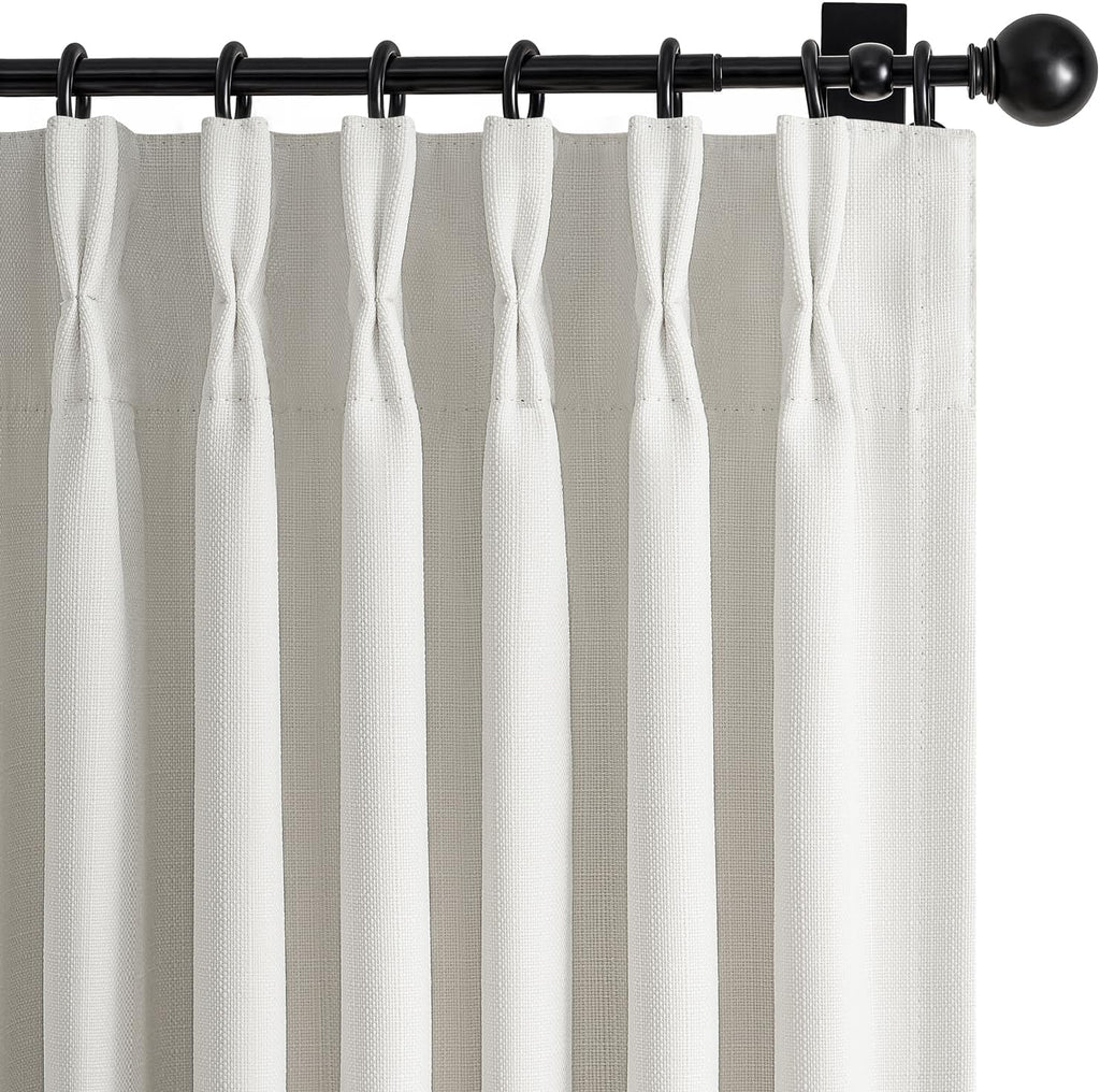 Pinch Pleated Black Out Curtains 84 Inch Long for Living Room, Beige White Thick Linen Memory Trained Boho Bedroom Darkening Curtain 84 Inch Length 2 Panel Set Double Layer Thermal Viral Window Drapes