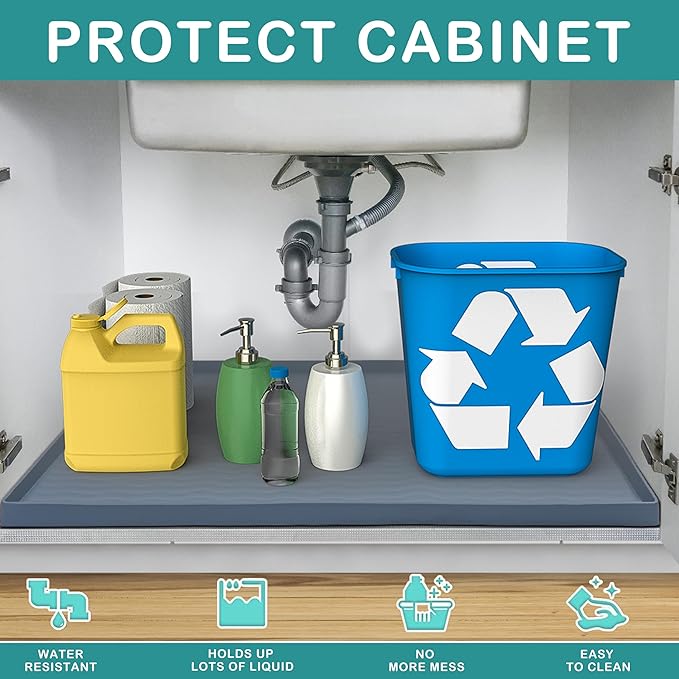 URMONA Tapete de silicona impermeable para debajo del fregadero de 19 x 12 pulgadas, forro para estante de cocina y baño, protector de gabinetes y mostradores, almacenamiento y organizadores, tapete de arena, artículos esenciales para mascotas