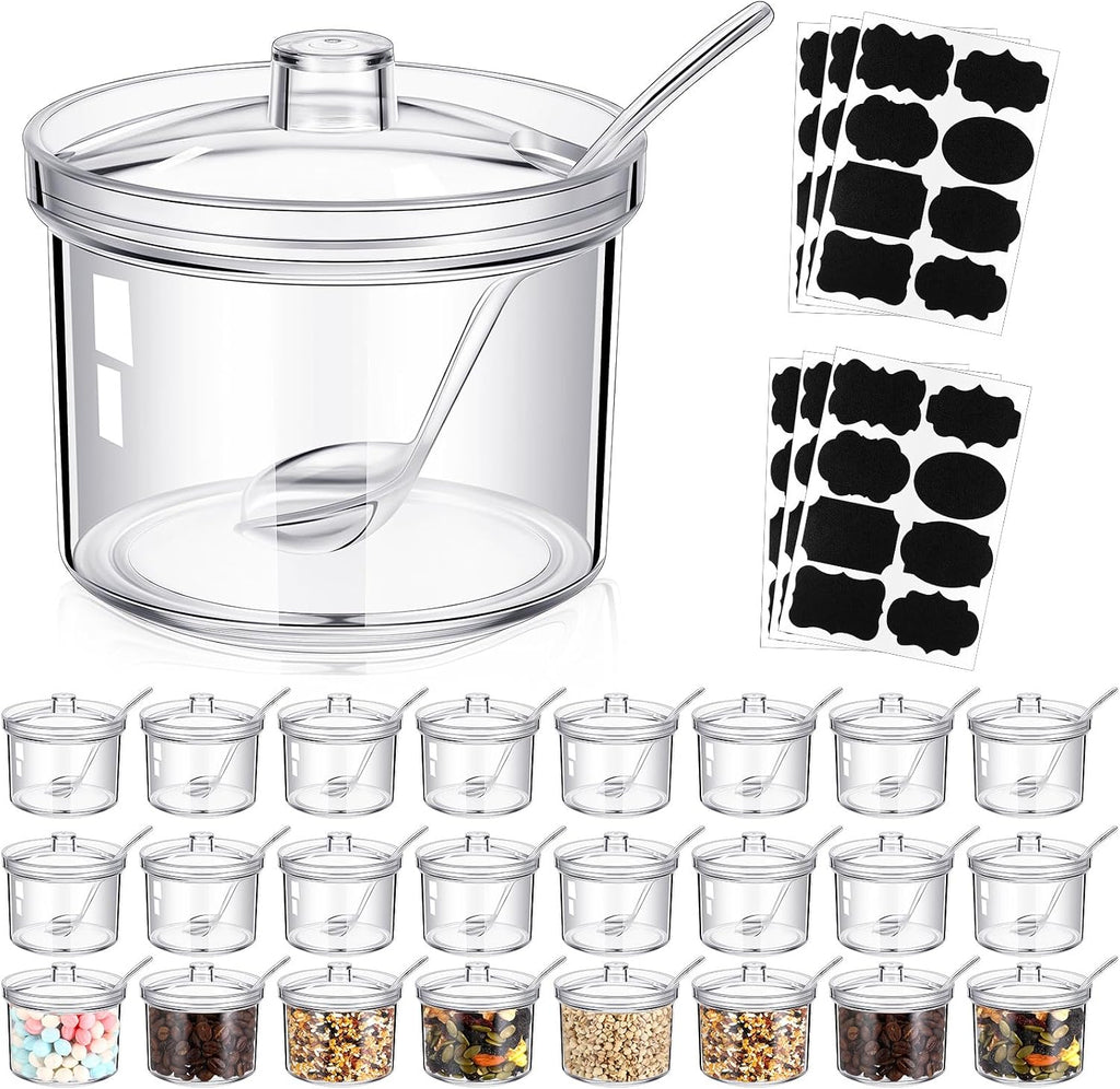 SOLO VIENE LOS RECIPIENTES.Tioncy 24 piezas de suministros para barra de helados, azucareros con tapa y cuchara, dispensador de dulces de acrílico, barra de fiesta, chocolate caliente, sundae