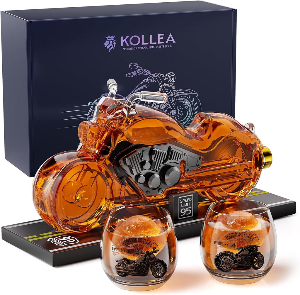 Kollea Birthday Gifts for Men Dad, Motorcycle Whiskey Decanter Set with 2 Glasses, Liquor Dispenser for Home Bar, Unique Gift for Him, Father, Boyfriend, Anniversary, Biker & Motor Lover, Christmas