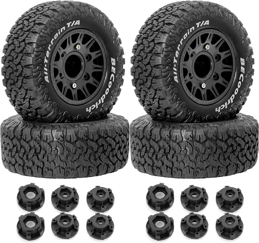 Neumáticos Chanjorlin 1/10 1/8 RC Short Course para camiones, diámetro exterior 113 mm, y llantas hexagonales de 12 mm, 14 mm y 17 mm para camiones todoterreno a escala 1:8 y 1:10, Traxxas Slash 2WD 4x4, Axial, Losi, Redcat (4 unidades, color negro)