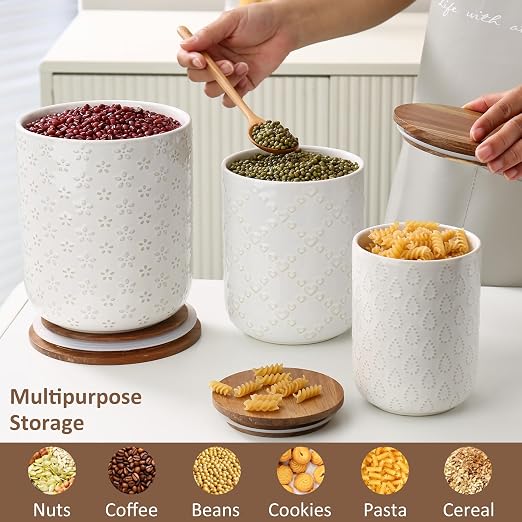 Set x3 Frascos Cerámicos Herméticos con Tapa de Madera – Diseño Relieve | 25, 40 y 70 oz