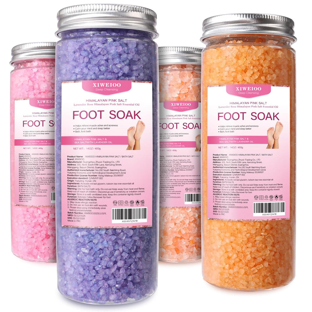 XIWEIOO Kit Sales para Baño de Pies 4 Pack 56 oz | Sal Himalaya, Lavanda, Naranja, Rosa | Aceite de Árbol de Té | Pedicura y Cuidado de Pies