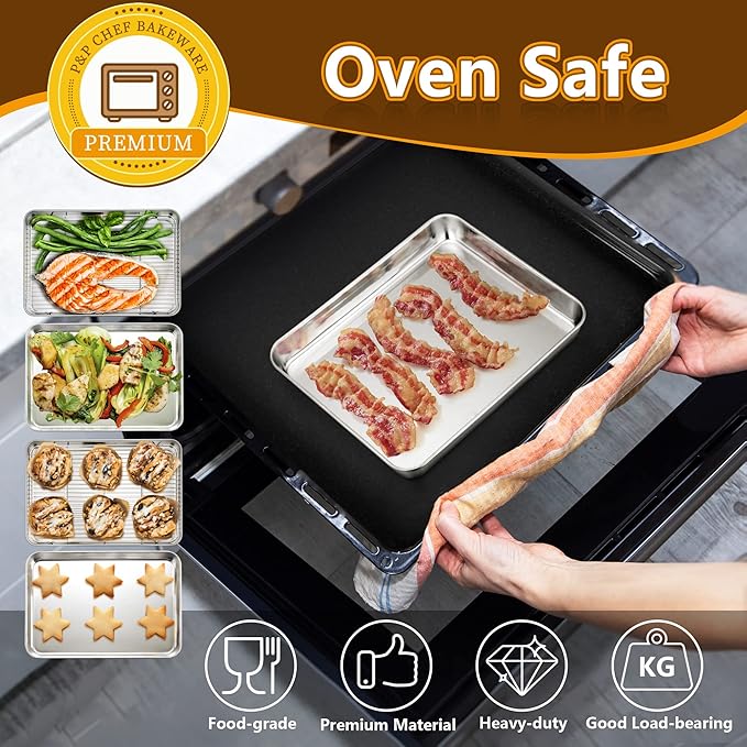 P&P CHEF Bandeja para Hornear de 10.4 Pulgadas con Juego de Rejilla, Bandeja de Acero Inoxidable para Galletas con Rejilla de Enfriamiento para Uso en Horno, Cocinar y Asar, No Tóxico