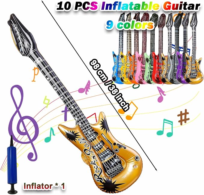 10 PACK Smilixin - Juego de guitarra inflable, 10 guitarras de 38 pulgadas y 1 inflador, juguete de estrella de rock