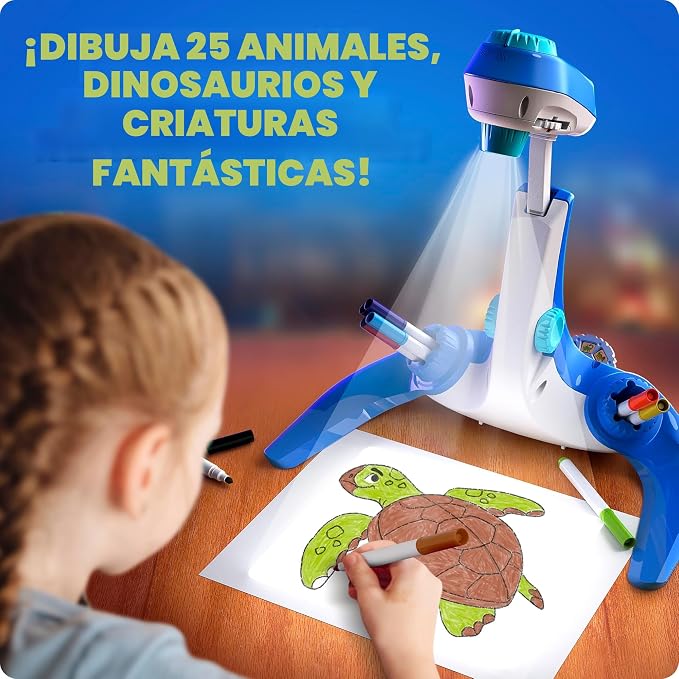 Proyector para Aprender a Dibujar Blue Marble — 9 Marcadores, 4 Discos con 25 Animales y Dinosaurios