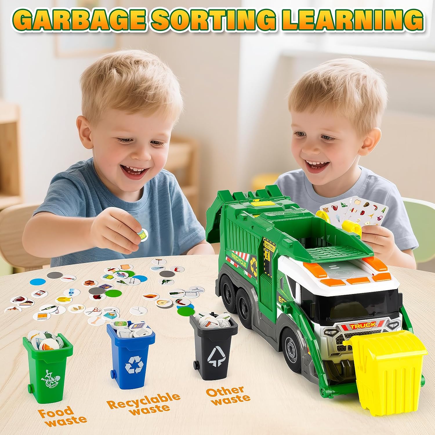 Camión de Basura Juguete Grande con Sonido, Luz y Accesorios – Incluye Contenedores, Tarjetas Educativas y Propulsión por Fricción, Para Niños de 3 a 8 Años