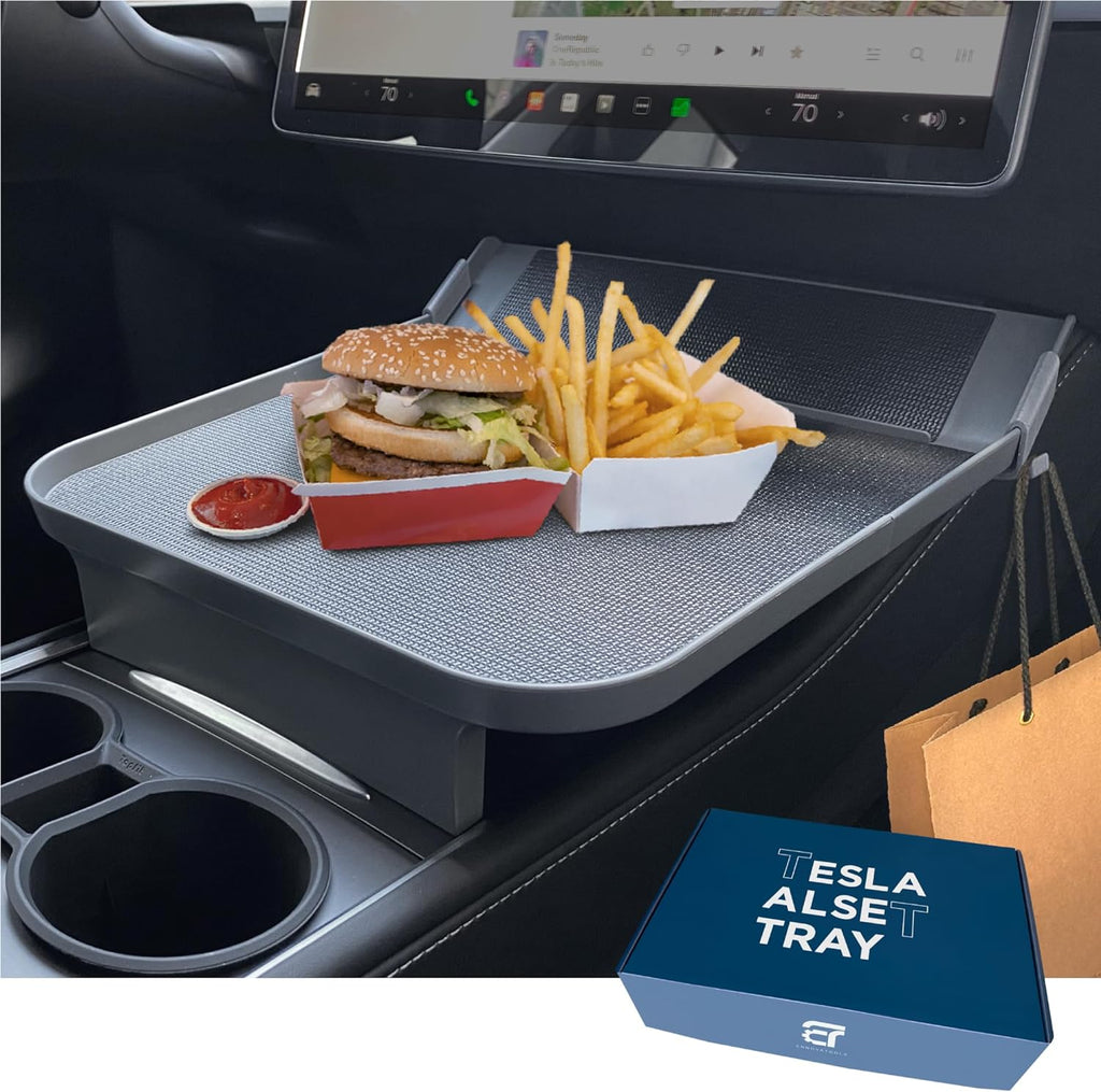 Accesorios Ennovatools para Tesla Model Y y Model 3 (2020-2026): Bandeja para comer en el coche, organizador para la consola central, ideal para Autopilot y viajes largos. Alfombrilla antideslizante para mayor estabilidad. (Solo la bandeja).