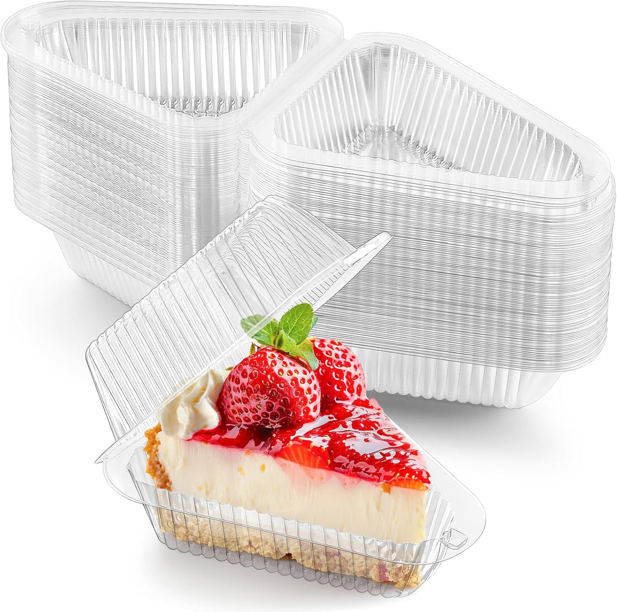 Zezzxu Paquete de 100 Envases para rebanadas de pastel, Envases de plástico transparente desechables triangulares con tapa para postres, recipientes para tarta de queso, cajas para llevar para rebanadas de pastel