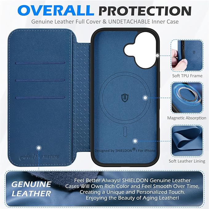 SHIELDON Funda de Cuero Genuino Fina para iPhone 17 6,3 Pulgadas 5G 2025, Funda Tipo Cartera [Bloqueo RFID][Cierre Magnético][Ranuras para Tarjetas] Case Slim, Azul Real Visita la tienda de SHIELDON