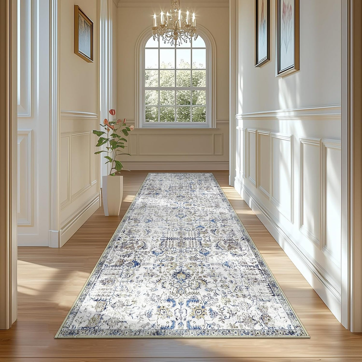 Alfombra Jinchan Kalen Runner de 3x8, lavable, para pasillo, estilo vintage, interior, fina, retro, con estampado floral desgastado, ligera, antideslizante, para entrada, baño, dormitorio, sala de estar, escalera, color azul.