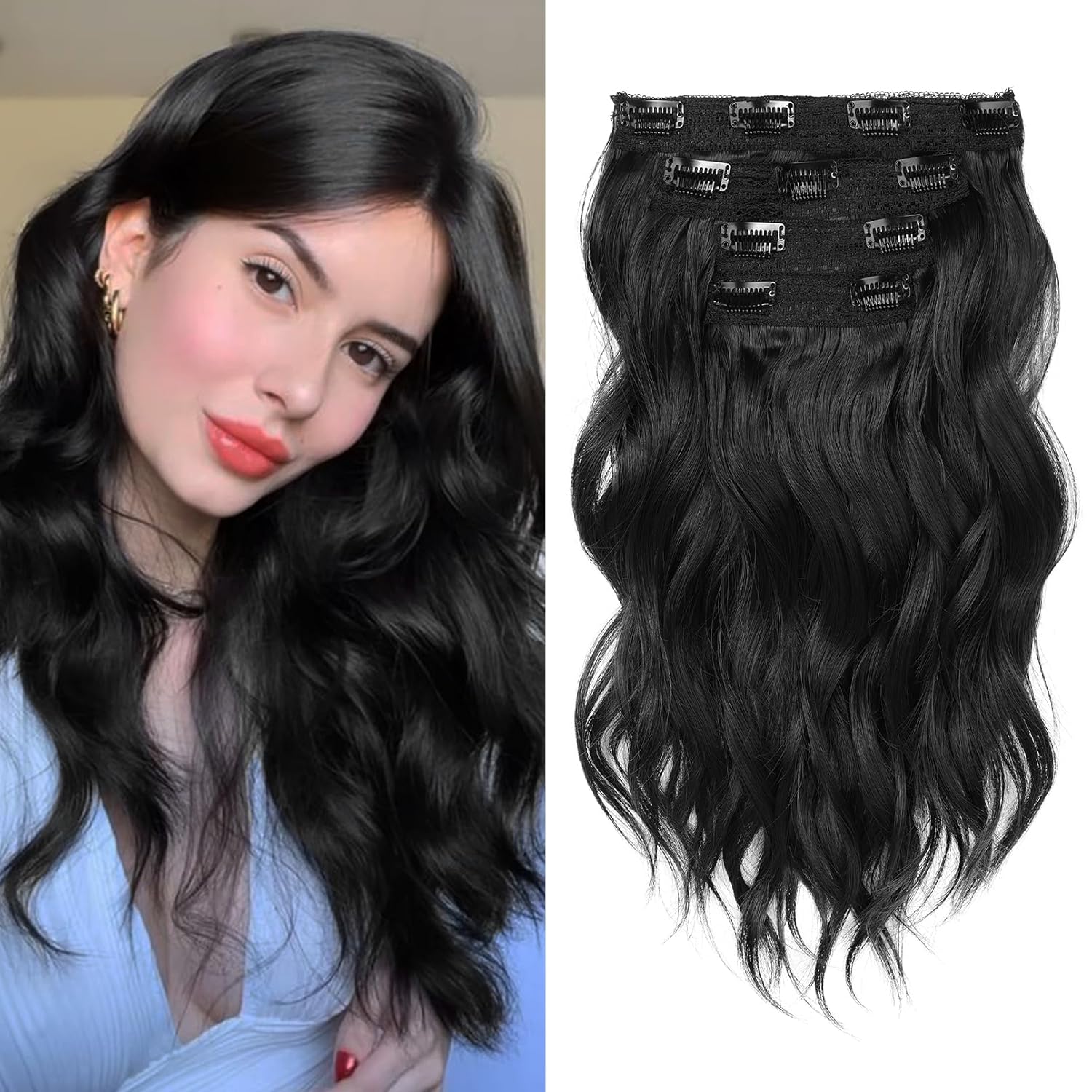REECHO Hair Extensions - 4PCS 14" Short Beach Wavy Clip-in Hairpieces With Invisible Lace Weft - Natural Soft for Women - Ash Blonde With Highlights