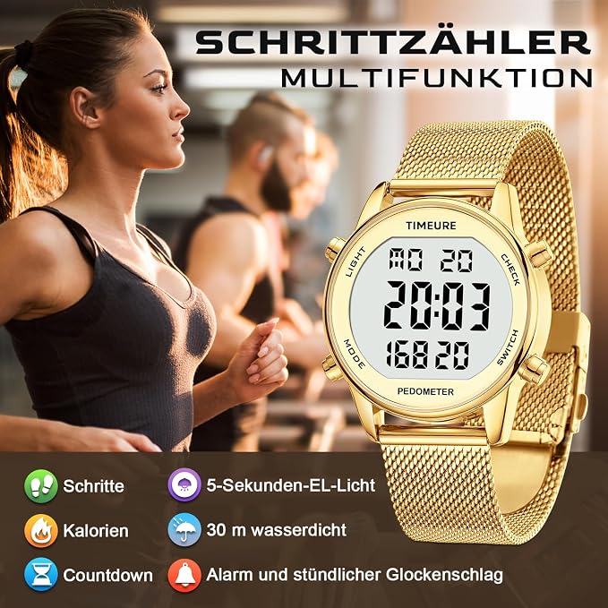 Reloj Podómetro para Mujer TIMEURE TU-2401 – Pulsera de Acero Inoxidable Dorada, Sin App ni Carga