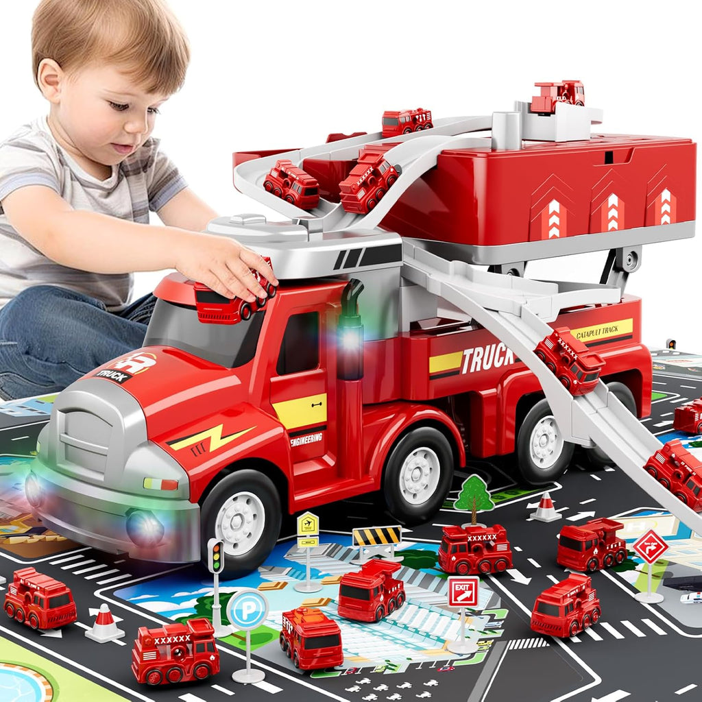 Dwi Dowellin Fire Truck Kids Toys Ages 3-5,Toddler Car Adventure Toys with 4 Race Cars and Playmat,Truck Car with Lights & Sounds for Birthdays Gifts for Age 3 4 5+ Years Old, Red