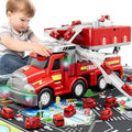 Dwi Dowellin Fire Truck Kids Toys Ages 3-5,Toddler Car Adventure Toys with 4 Race Cars and Playmat,Truck Car with Lights & Sounds for Birthdays Gifts for Age 3 4 5+ Years Old, Red