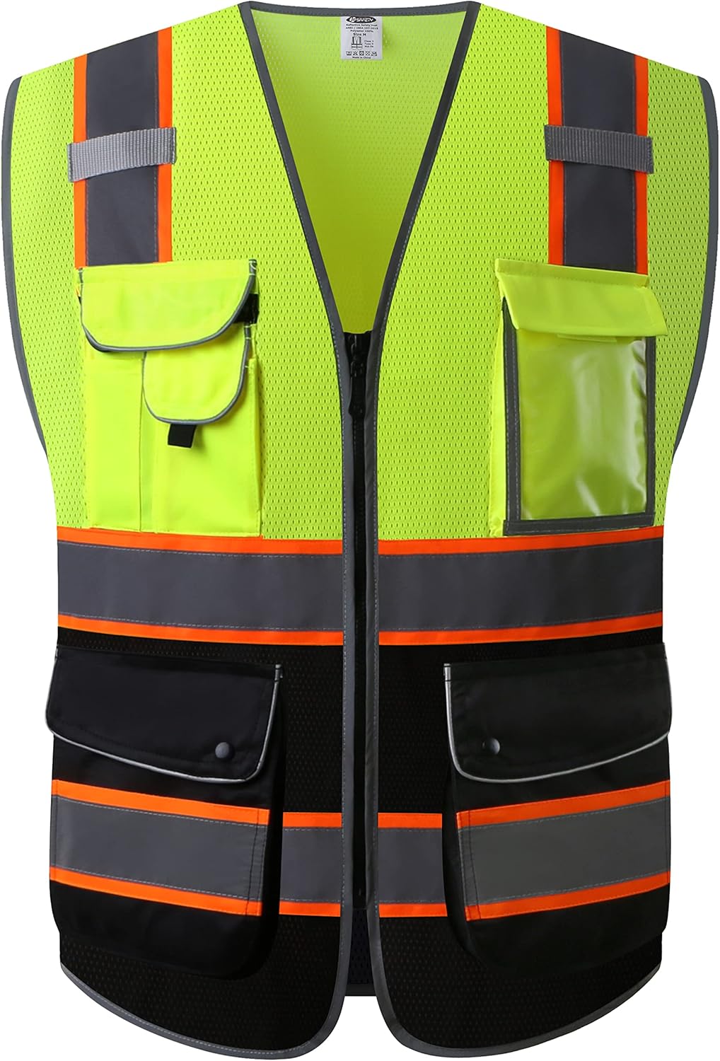 Chaleco de seguridad JKSafety de 9 bolsillos, alta visibilidad, cremallera frontal bicolor, malla ligera | Ribete de color naranja | Normas ANSI/ISEA (100-Amarillo-Negro, XL)