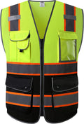 Chaleco de seguridad JKSafety de 9 bolsillos, alta visibilidad, cremallera frontal bicolor, malla ligera | Ribete de color naranja | Normas ANSI/ISEA (100-Amarillo-Negro, XL)