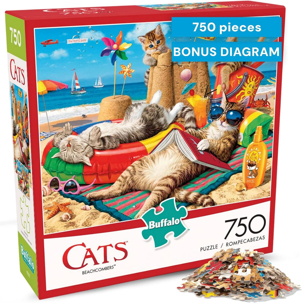 USADO Buffalo Games - Steve Read - Beachcombers | Rompecabezas de 750 Piezas para Adultos | Escena de Gatos en la Playa con Poster