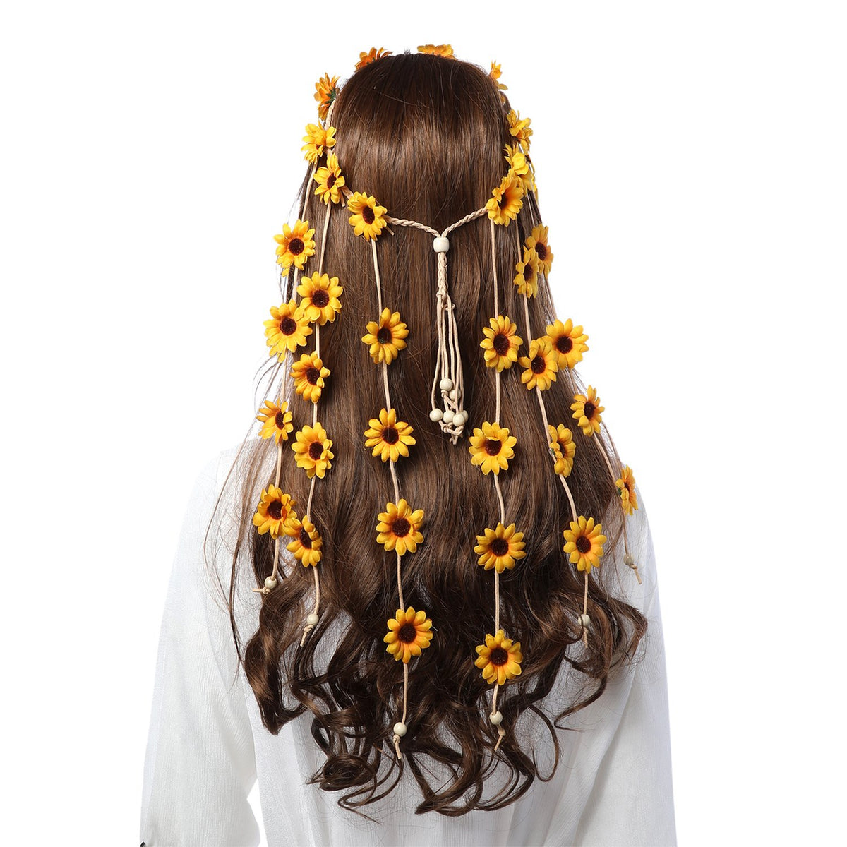 Diadema Floral Hippie AWAYTR | Corona de Girasoles con Cuentas Ajustable | Accesorio de Cabello Boho (Amarillo)