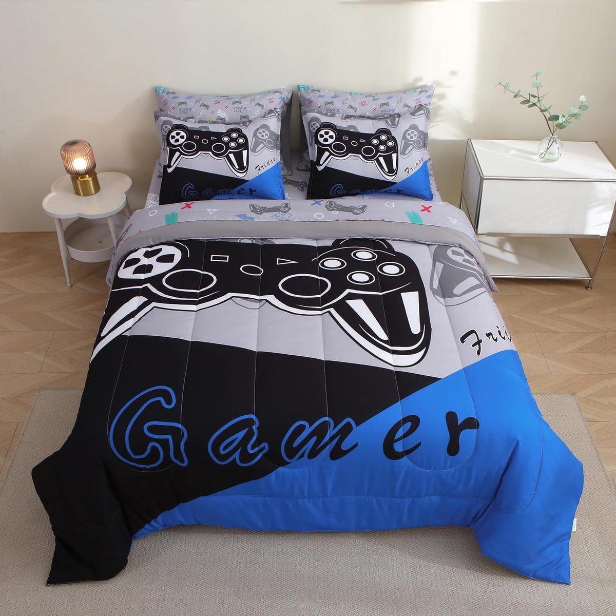 Set de Edredón Gamer PALENVILI 7 Piezas para Niños | Ropa de Cama de Videojuegos para Adolescentes | Bed in a Bag con Edredón, Sábanas, Fundas y Shams