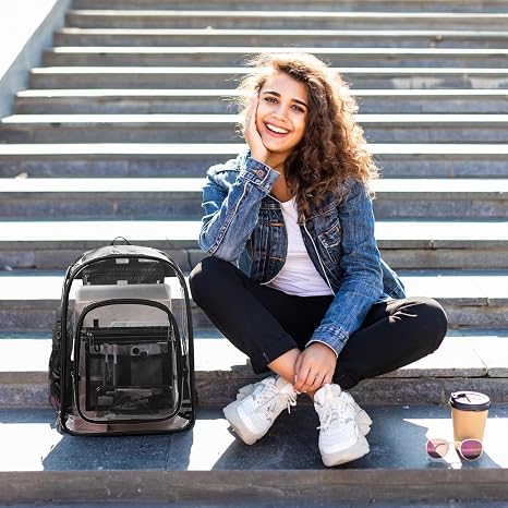 Mochila transparente con múltiples bolsillos, bolsa transparente de TPU resistente con correas reforzadas, bolsa grande transparente para universidad, trabajo, color negro