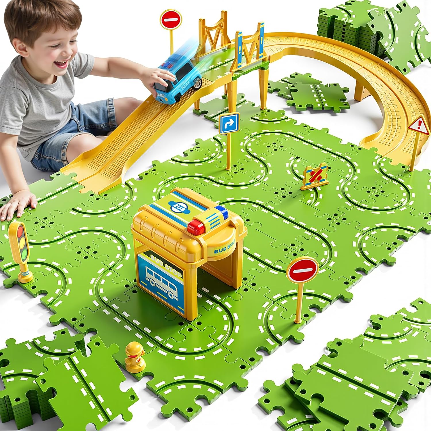 2-Tier Large Puzzle Race Car Track Set - 31 Pieces - Bus Station, Road Signs & Vehicles - ABS Plastic - Safe Smooth Edges - For Boys & Girls Ages 3-8 - Birthday & Holiday Gift