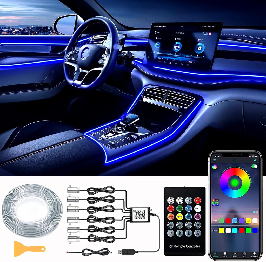 DEHERANE Interior Car LED Strip Lights, RGB 6 in 1 Ambient Lighting Kit with 315 inches Integrated Fiber Optic, 16 Million Colors Car Interior Lights with Wireless APP& Remote Control, Sync to Music