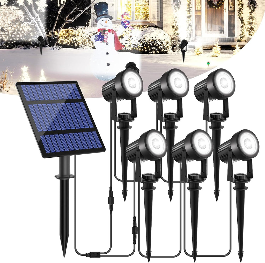 Foco solar navideño para jardín T-SUNUS, 6 en 1, blanco, para exteriores, IP65, resistente al agua, panel separado, 6000 K, para árboles, patios, entradas, porches, pasarelas y Halloween. 
