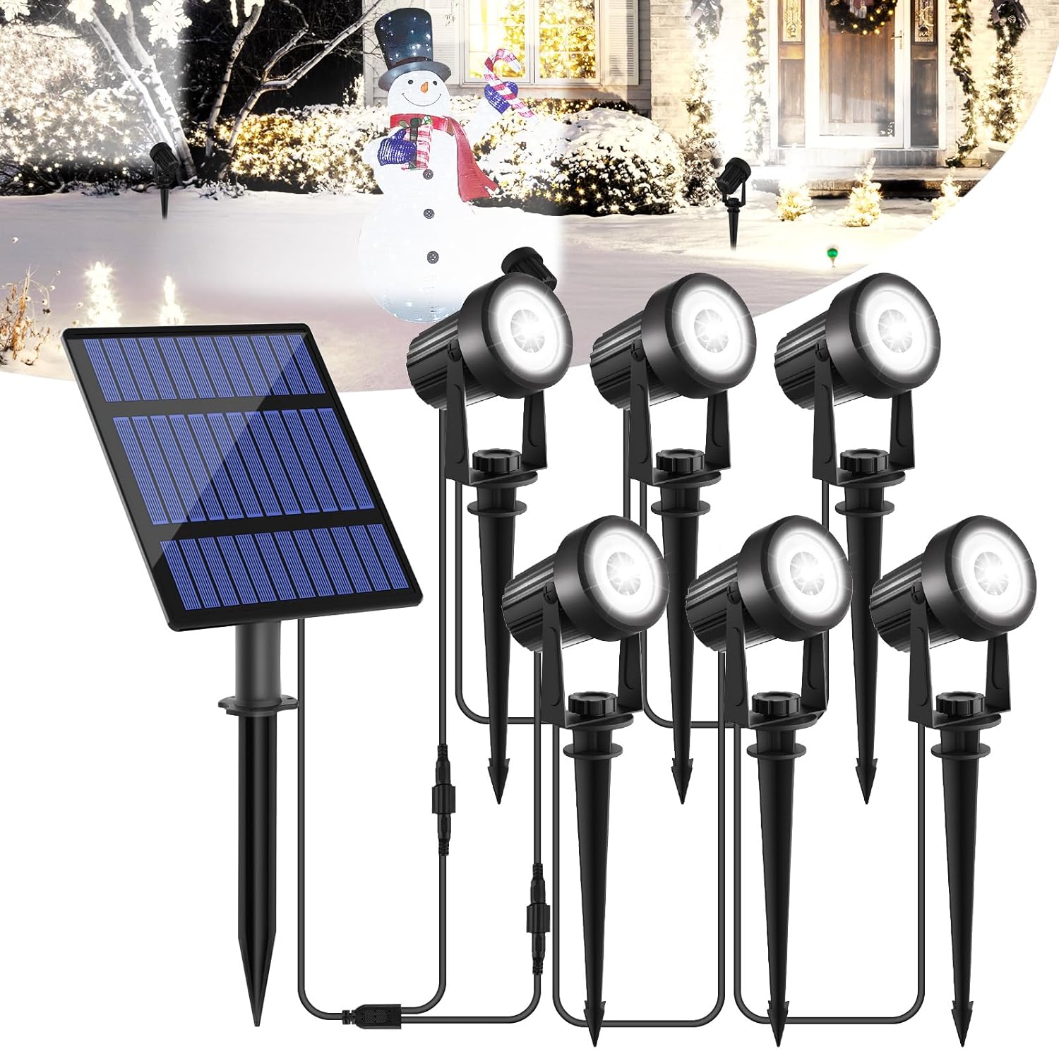 Foco solar navideño para jardín T-SUNUS, 6 en 1, blanco, para exteriores, IP65, resistente al agua, panel separado, 6000 K, para árboles, patios, entradas, porches, pasarelas y Halloween. 