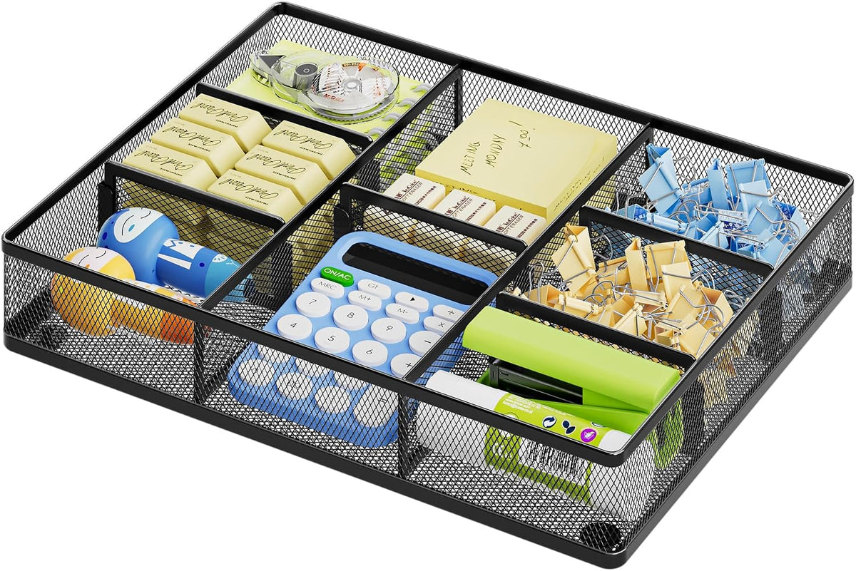 Organizador de cajones de escritorio Marbrasse, bandeja organizadora de cajones de malla metálica con 5 compartimentos ajustables, organizadores de escritorio y accesorios para el hogar, la oficina, la cocina, el maquillaje y el tocador (negro).