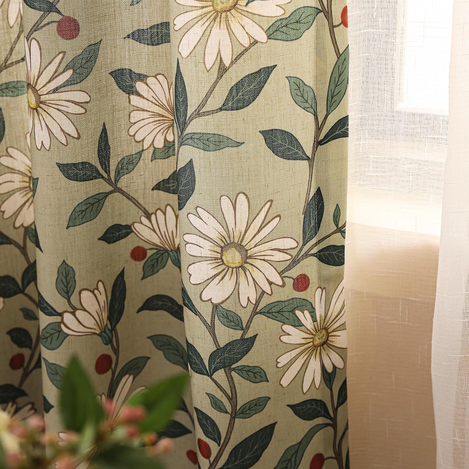 ISAENNE Vintage Linen Semi Blackout Green Curtains with Grommets,Western Home Decor Window Curtain for Kitchen Bedroom Living Room Dining Room,2 Panels 53 Inches Wide by 87 Inches Long -Brune