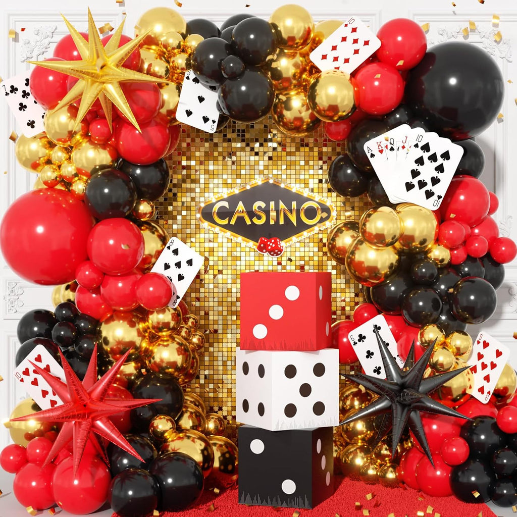 Kit Guirnalda Arco de Globos Casino – Rojo, Negro y Dorado con Dados y Póker | Decoración Fiesta Las Vegas