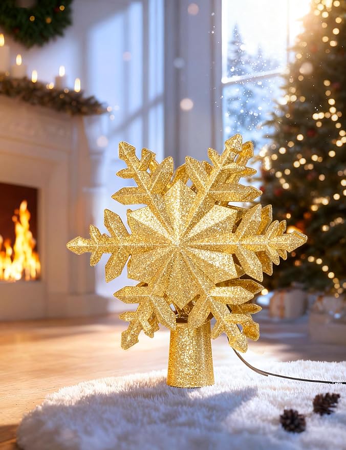 Decoración para árbol de Navidad iluminada con 6 patrones proyectados, copo de nieve mágico giratorio LED, purpurina hueca 3D iluminada plateada para decoración de árbol de Navidad, color dorado