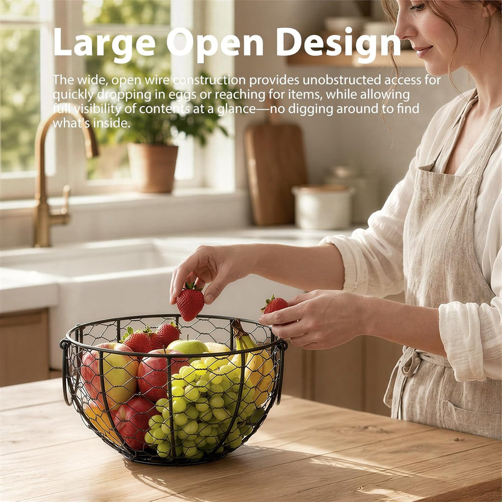 Cesta redonda de alambre para frutas, cuenco de frutas negro para cocina con asa, almacenamiento para el hogar, verduras, huevos, aperitivos, decoración de artículos para el hogar