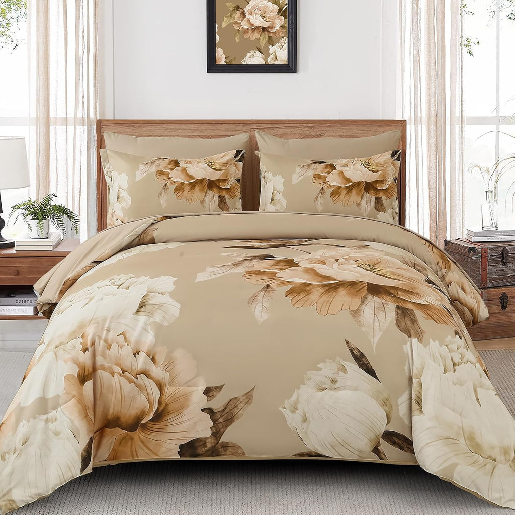 Juego de edredón Dobuyly tamaño matrimonial de 5 piezas, juego de cama matrimonial, estampado floral color topo sobre fondo caqui, juego de edredón de otoño con sábanas