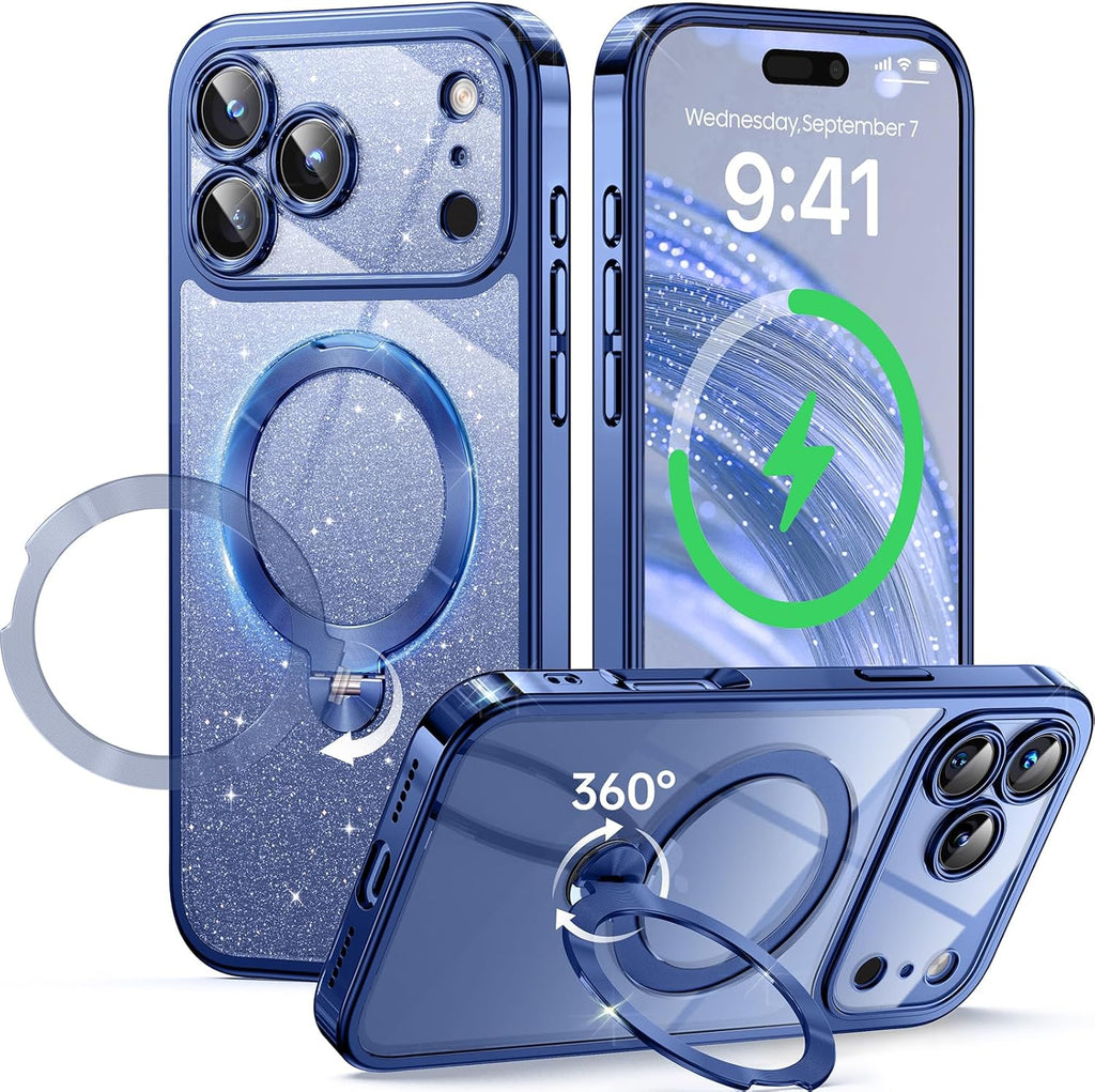 Funda Peerock Azul Profundo para iPhone 17 Pro Max con Soporte Giratorio 360 | Cartulina con Glitter DIY | Compatible con MagSafe | Proteccion Militar 16FT | 6.9 pulgadas