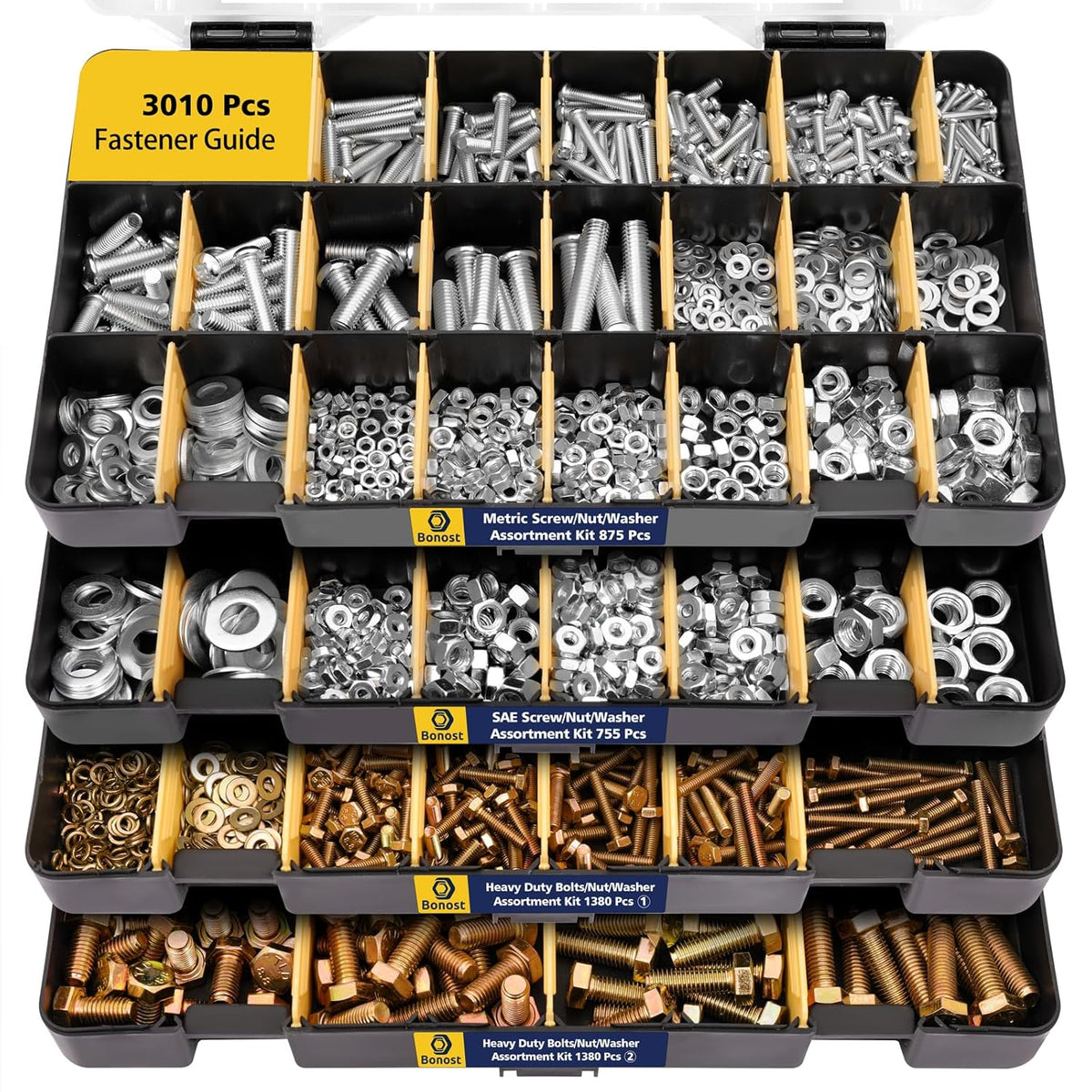 Kit surtido de herrajes Bonost de 3010 piezas con tornillos Phillips SAE y métricos surtidos, y juego de tornillos hexagonales métricos de grado 8.8 con tuercas y arandelas de seguridad a juego (4 bandejas).