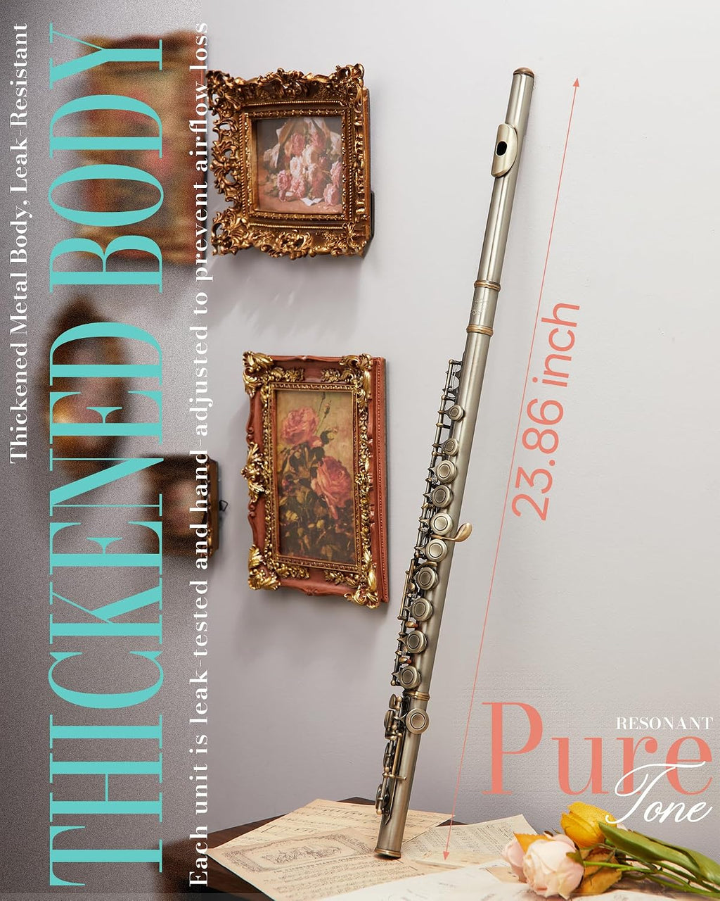 Flauta Traversa AKLOT Concert C — 16 Llaves, Agujeros Cerrados, Llaves de Cuprонíquel, Estuche, Atril y Accesorios