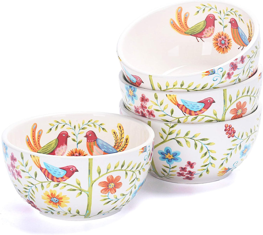 Juego de 4 tazones de cerámica Bico Red Spring Bird para cereales, 740 ml (26 oz), ideales para sopa, cereales, ensaladas, fideos, cocina, microondas y lavavajillas. Regalo perfecto para inauguración de casa y Acción de Gracias.