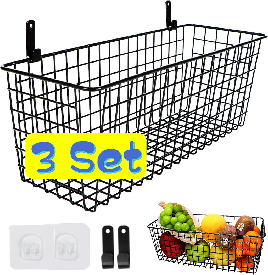 Joben Oligey Set de 3 Canastas Colgantes de Pared Extra Grandes | Canasta de Alambre para Despensa, Cocina y Almacenamiento Estilo Granja | Negro