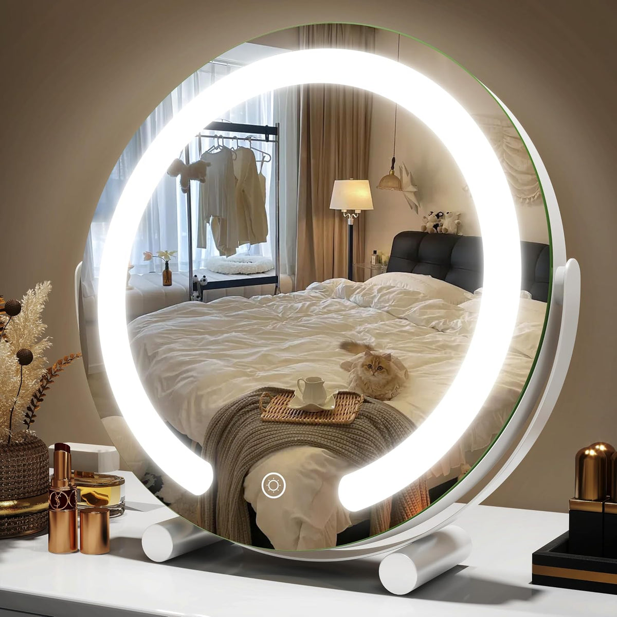 Espejo de Tocador con Luces LED Rolove 30 cm – Iluminado, 3 Colores Regulables, Táctil, Rotación 360°, Blanco para Maquillaje y Dormitorio
