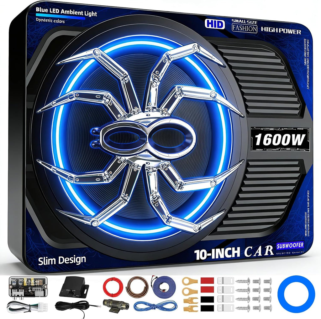 CONTIENE 3 PAQUETES Y CUATRO PIEZAS  Subwoofer para Auto SUBPULSIX 1600W Delgado bajo el Asiento con Amplificador | Interruptor LED | Amplificador Integrado | Control de Bajos, Ganancia y Filtro | Para Camioneta y SUV