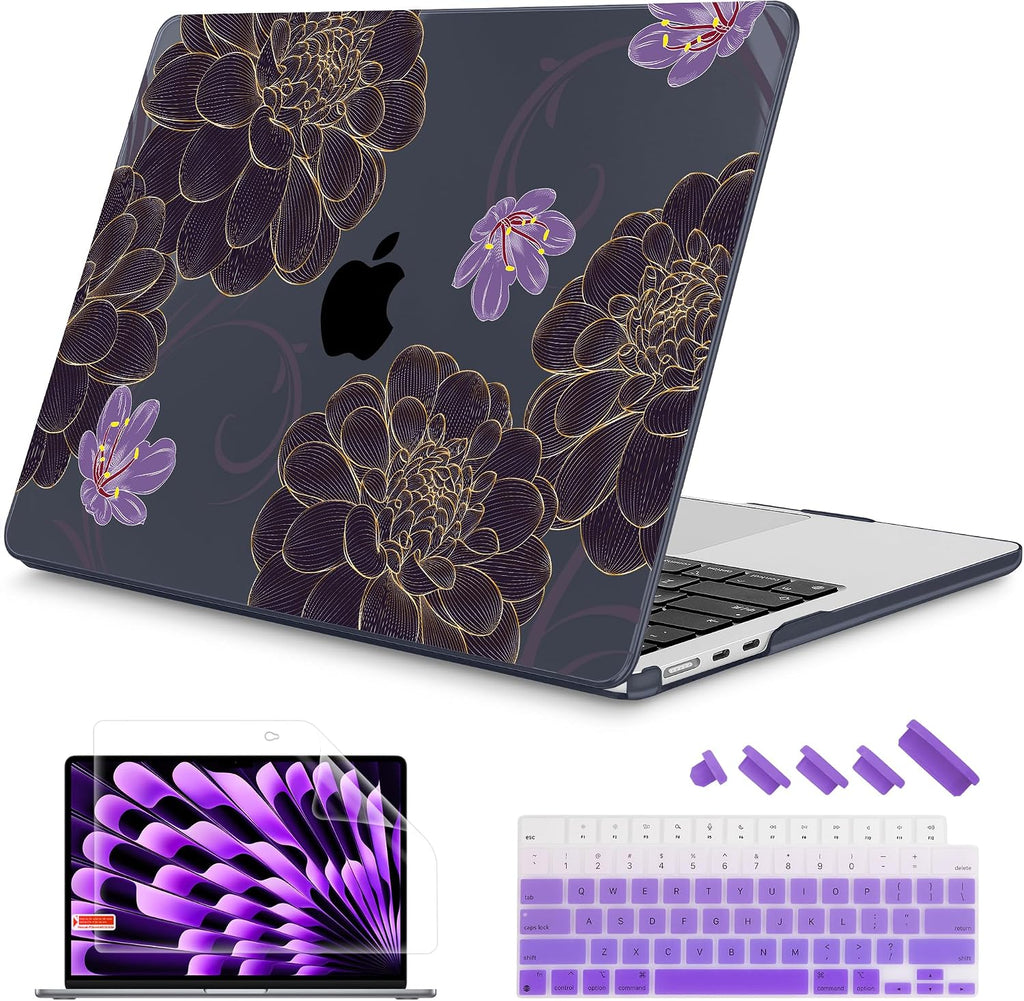 Funda Mektron para MacBook Air de 15 pulgadas (modelos 2026/2025/2024/2023) M5 A3448 / M4 A3241 / M3 A3114 / M2 A2941. Carcasa rígida de plástico con impresión y pantalla Liquid Retina de 15,3" con Touch ID. Diseño de flores de dalia dorada.