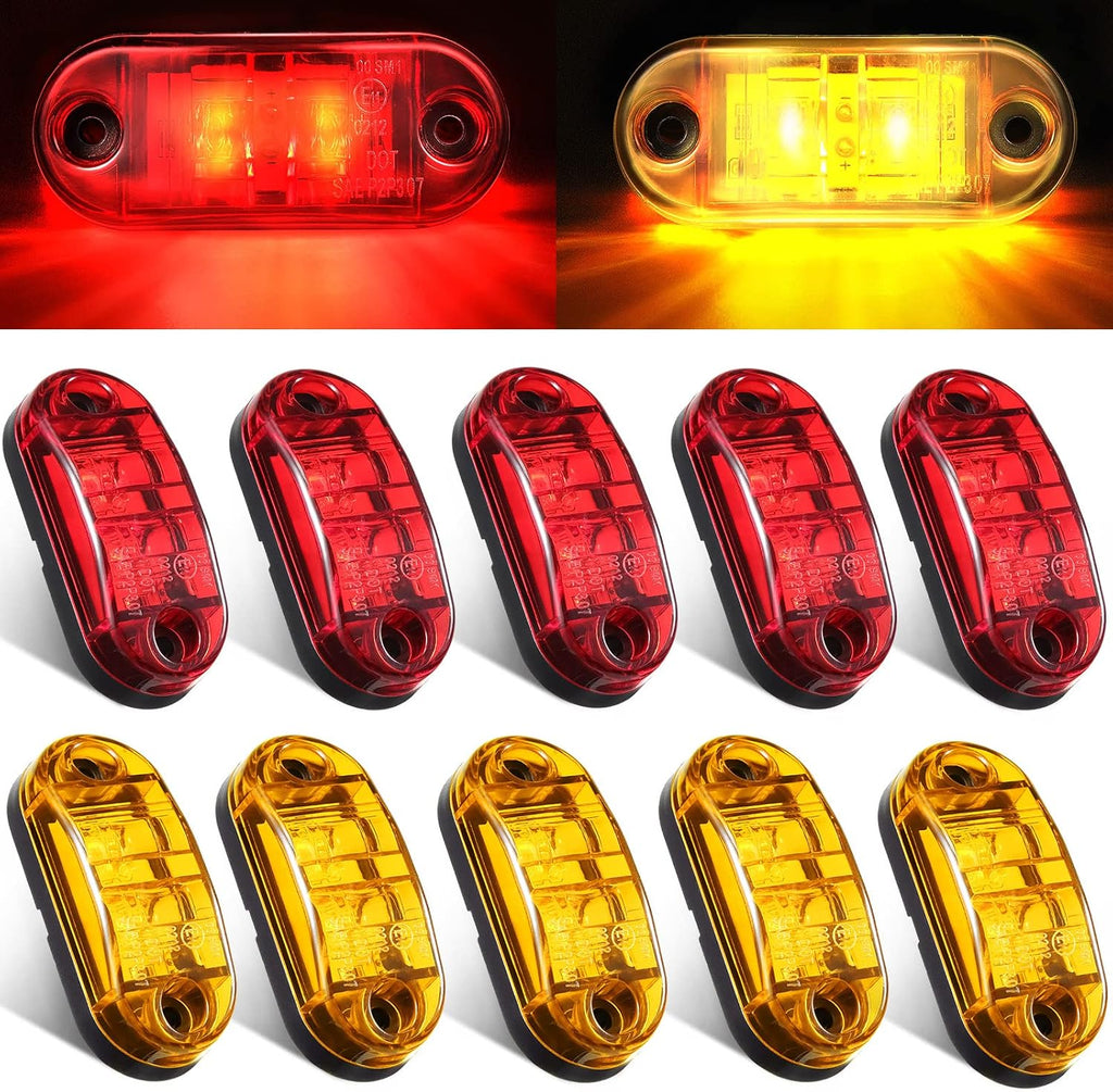 Tallew 10 luces LED de 2,5 pulgadas para remolque, 2 diodos, impermeables, laterales, ovaladas, para camiones, barcos y caravanas (ámbar, rojo)
