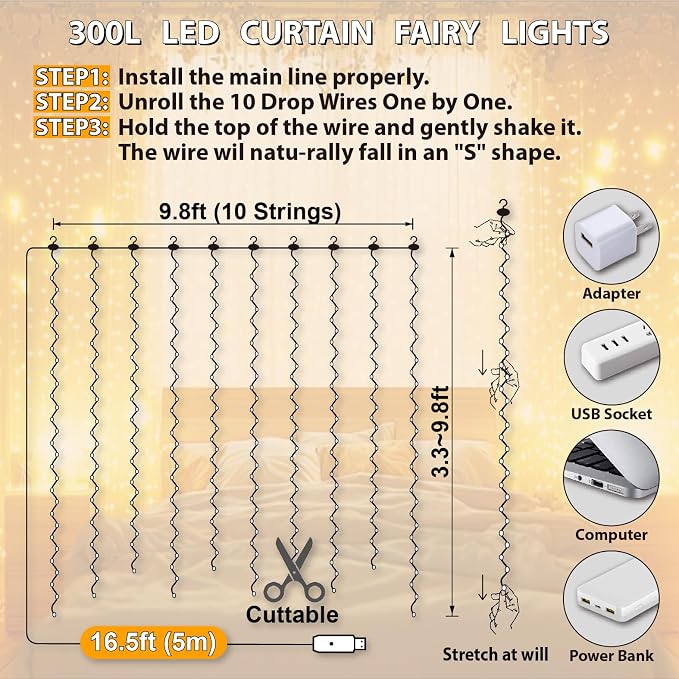 Tira de 300 luces LED, cortina con enchufe USB y 8 modos, guirnalda de luz con control remoto para dormitorio, interior, exterior, bodas, fiestas, decoración