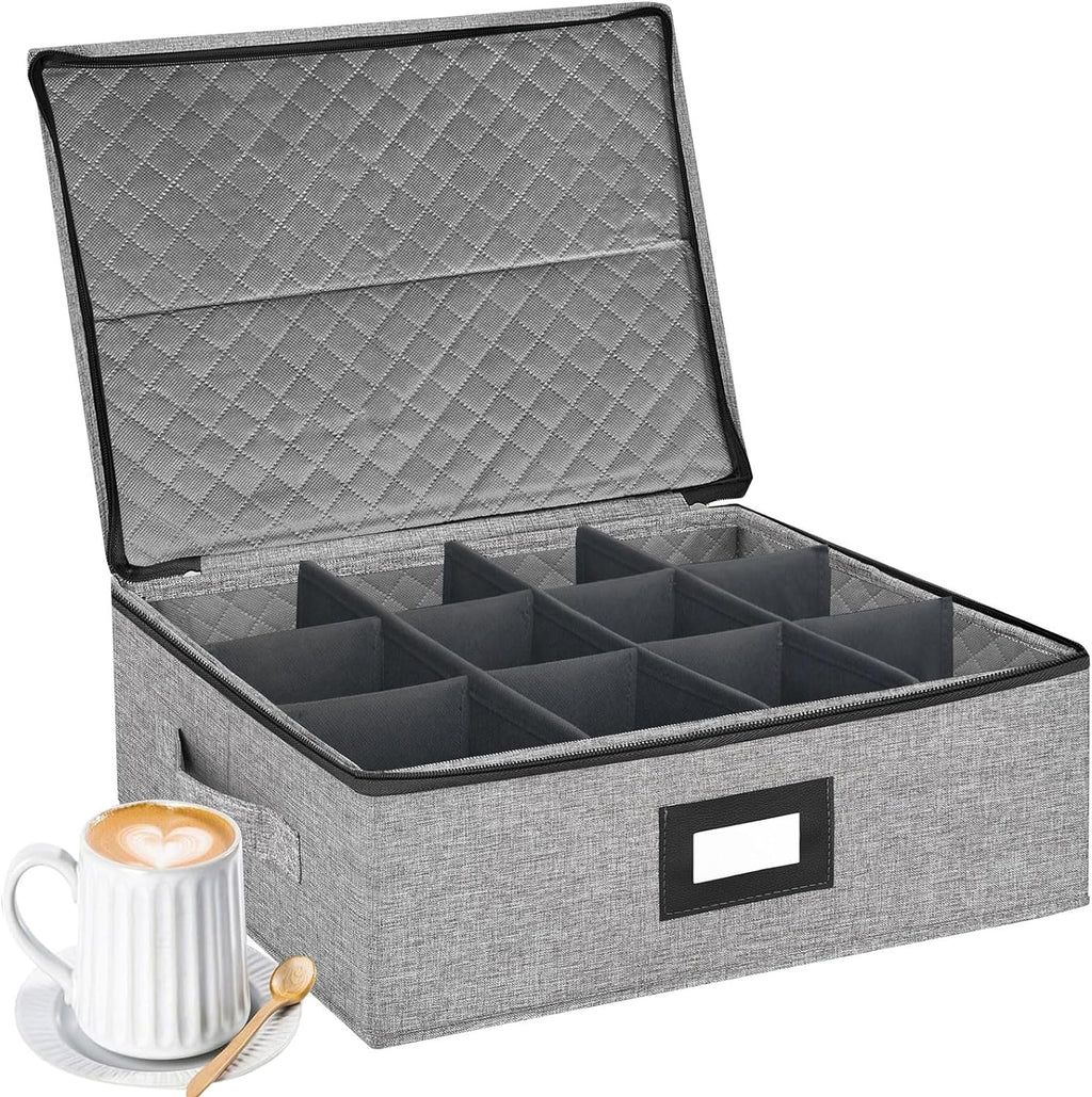 Caja Organizadora para Tazas de Cafe con Divisores | Contenedor Duradero para Tazas y Vajilla | Con Tapa, Asas y Ventana de Etiqueta, Guarda 12 Tazas, Gris