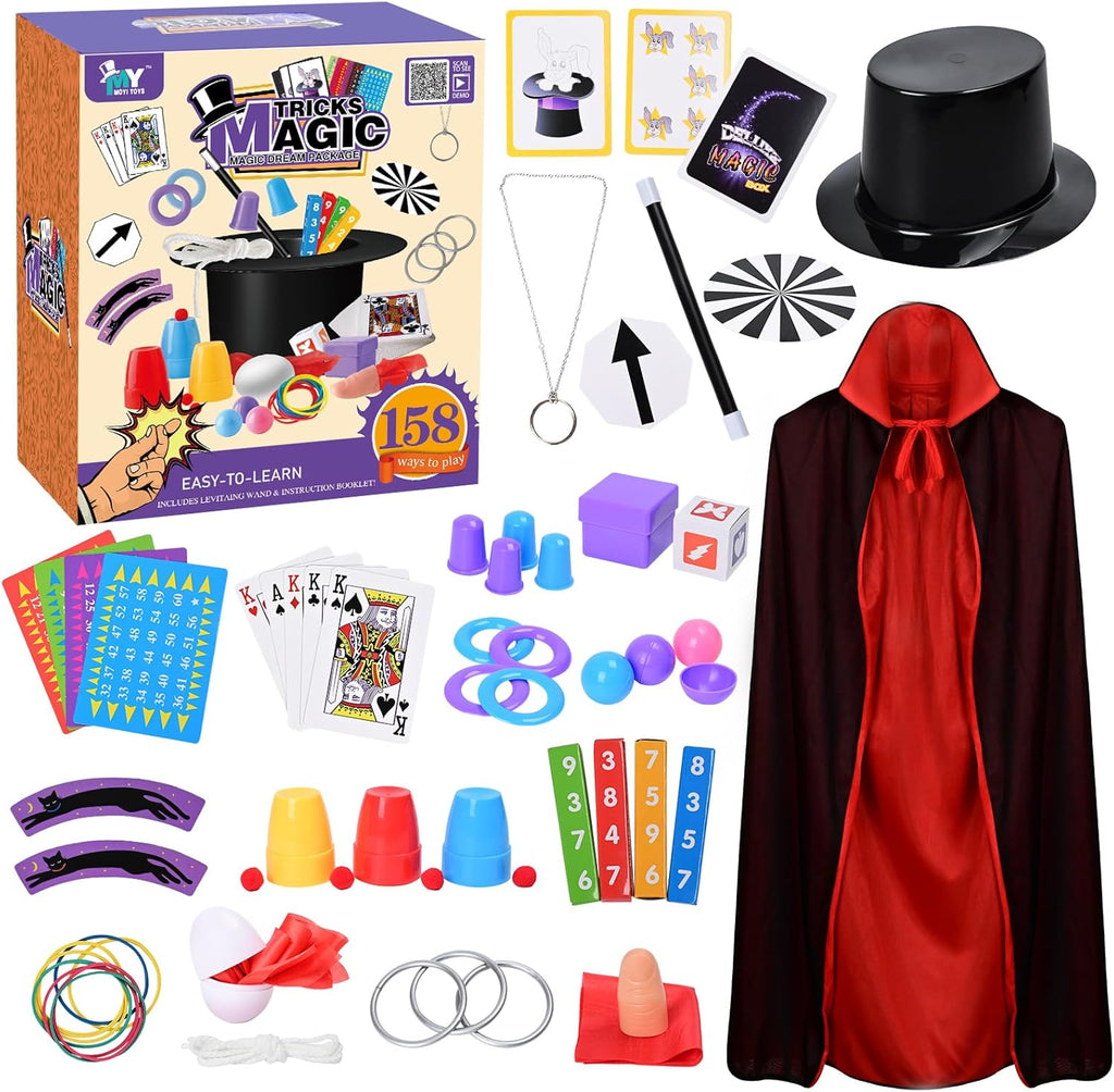 Kit de magia para niños, juego de magia: juego de trucos de magia para niños de 6, 8, 10 y 12 años, con disfraz de mago, varita mágica para juegos de simulación, juguete mágico fácil de seguir, regalo para niñas y niños principiantes. 