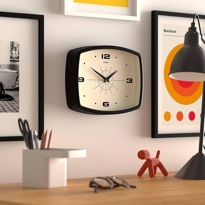 Jones Clocks® Movie - Reloj de Pared Retro Rectangular | Diseño Mediados de Siglo | Negro