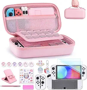Kit 19 en 1 innoAura para Nintendo Switch OLED — Funda, Protector de Pantalla, Soporte y Grips (Rosa)